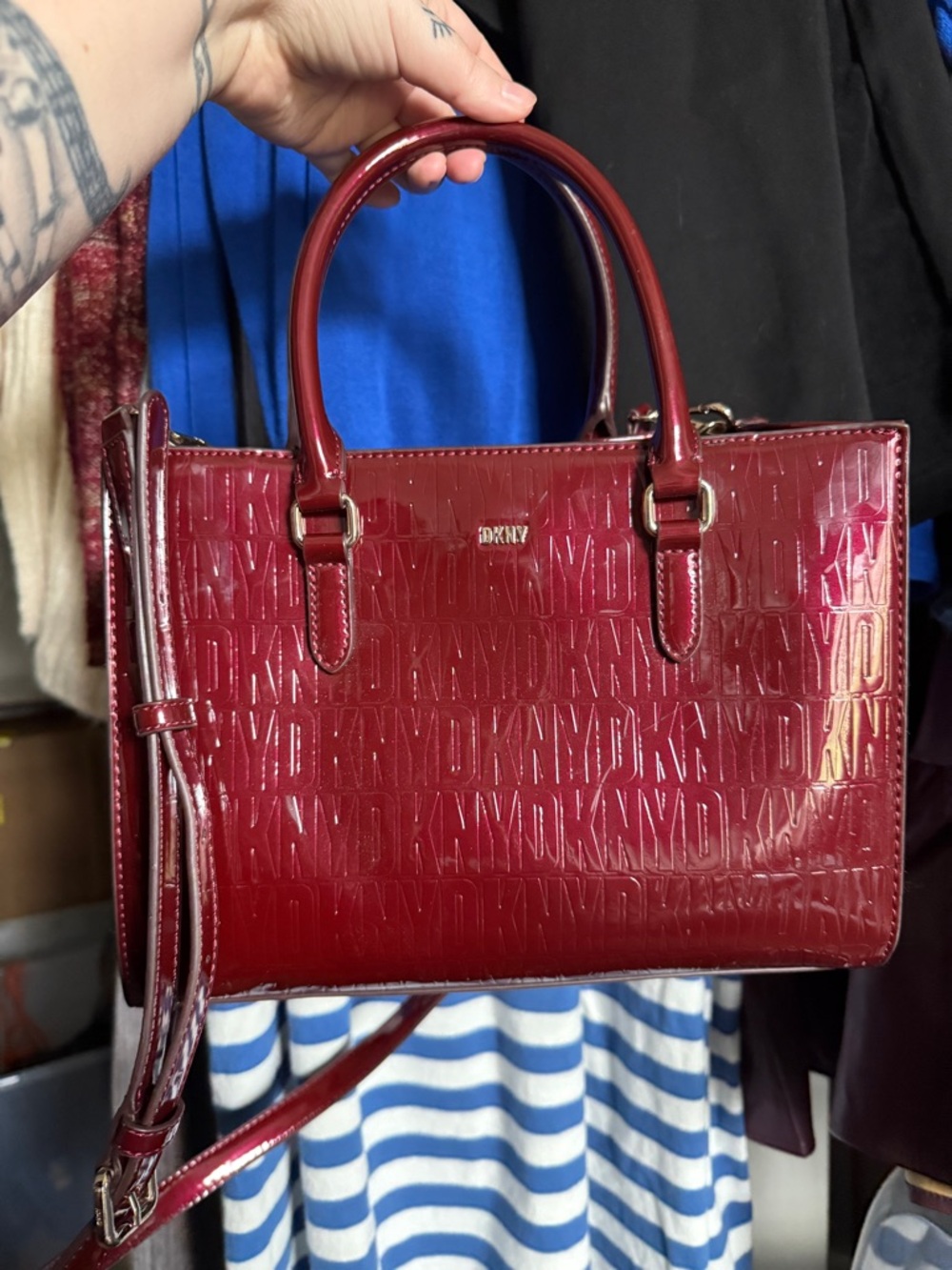 DKNY Embossed Patent Satchel in Rich Burgundy Red